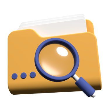 3 boyutlu büyüteç ve dosyalar içeren sarı klasör. Belge araması kavramı. Dizini 3D olarak ara. 3d resimleme