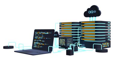 Bilgisayar teknolojisi 3 boyutlu illüstrasyon. Büyük veri merkezinin hesaplanması. Bulut hesaplama. Çevrimiçi aygıtlar bilgiyi yükler ve indirir. Modern üç boyutlu illüstrasyon. 3B görüntüleme
