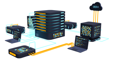 Bilgisayar teknolojisi 3 boyutlu illüstrasyon. Büyük veri merkezinin hesaplanması. Bulut hesaplama. Çevrimiçi aygıtlar bilgiyi yükler ve indirir. Modern üç boyutlu illüstrasyon. 3B görüntüleme