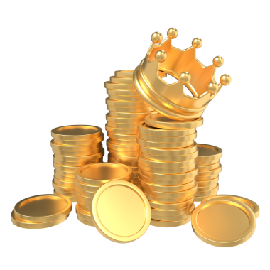 Taçlı bir yığın altın para. Finans ve yatırım konsepti. Kral para simgesi. 3B görüntüleme