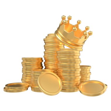 Taçlı bir yığın altın para. Finans ve yatırım konsepti. Kral para simgesi. 3B görüntüleme