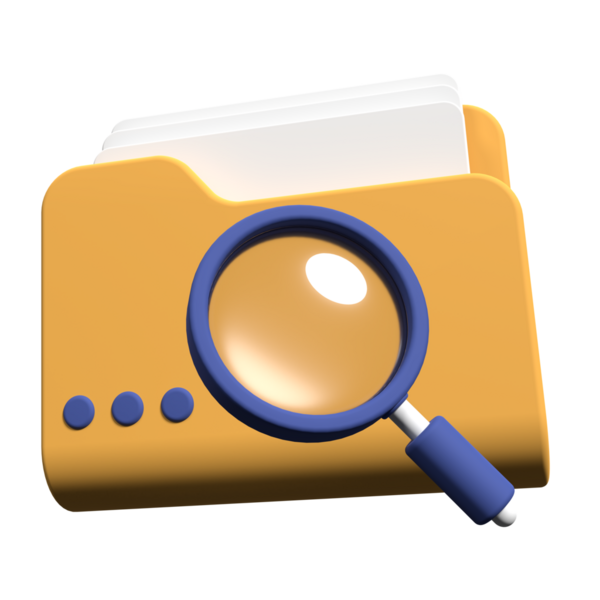 3 boyutlu büyüteç ve dosyalar içeren sarı klasör. Belge araması kavramı. Dizini 3D olarak ara. 3d resimleme