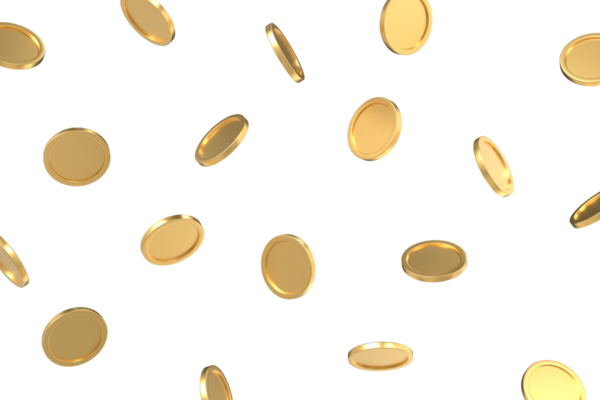 Düşen altın paralar. Gerçekçi paralar. Havada yüzen altın sikkeler. Zengin ya da kumarhane şans konsepti. 3B görüntüleme