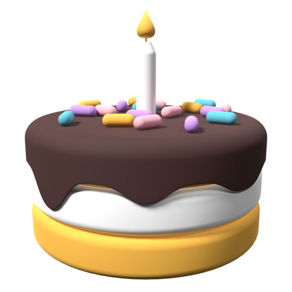 Çizgi film tarzı doğum günü pastası. Mumlu doğum günü pastası. Sürpriz parti dekorasyonu. 3B görüntüleme