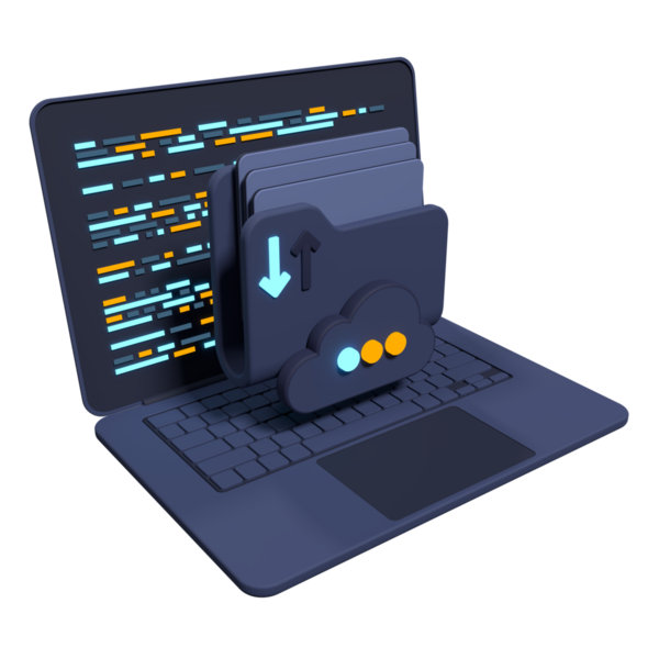 Dizüstü bilgisayardaki 3D dosya dizini. Laptop ve dosyalar. Belge klasörü. Depo paylaşımı verileri. 3d resimleme