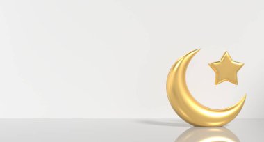İslami hilal ve yıldız ikonu. Altın Ay ve yıldız 3D ikonu. İslami kavramlar için sembol şekli tasarımı. 3 Boyutlu resimleme