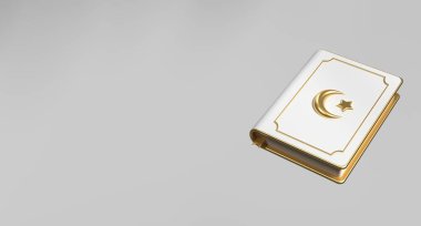 İslam 'ın kutsal Kuran ikonu. Altın kutsal Kuran-ı Ramazan ikonu. 3D kutsal Kuran 'ı izole etti. Kuran 3d simge illüstrasyonu