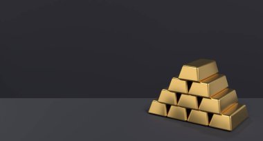 Altın külçeleri. Bir yığın altın. Altın külçelerinin 3 boyutlu çizimi. İş mali bankacılık kavramı