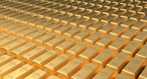 Gold bars. Stacked gold bars. Stack of one kilogram gold bars. Gold bars in bank vault. 3D rendering