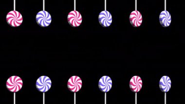 Spiral lolipop animasyonu. Çubuk animasyonda lolipop. Çizgili şeker. Sola git ve dön. Uzayı kopyala Kusursuz üç boyutlu animasyon. Alfa kanalı ile şeffaf arkaplan