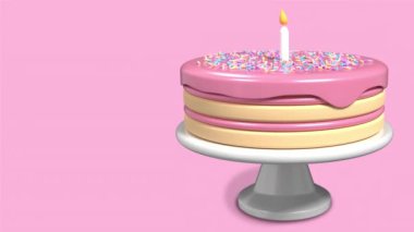 Doğum günü pastasının 3 boyutlu animasyonu. Güzel bir doğum günü pastası animasyonu. Mum ve serpiştirilmiş pembe pasta. Kusursuz 3D animasyon