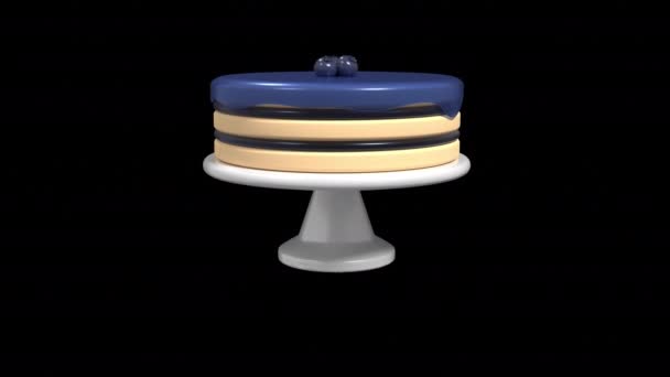 用蓝莓果酱烘焙动画 3D蓝莓蛋糕配上液体蓝色浆果釉料的蛋糕 甜圆的蛋糕 具有Alpha通道的透明背景 — 图库视频影像