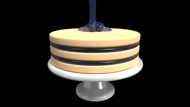 有蓝莓果酱动画的蛋糕 3D蓝莓蛋糕配上液体蓝色浆果釉料的蛋糕 甜圆的蛋糕 具有Alpha通道的透明背景 — 图库视频影像