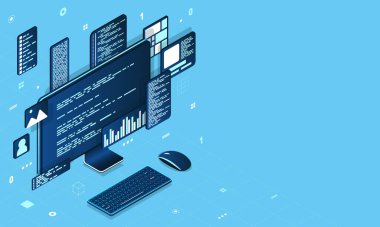 Bilgisayar teknolojisi izometrik illüstrasyon. Masaüstü bilgisayar platformları. Yazılım programlama kodlama kavramı. Bilgisayar monitörü ile kod