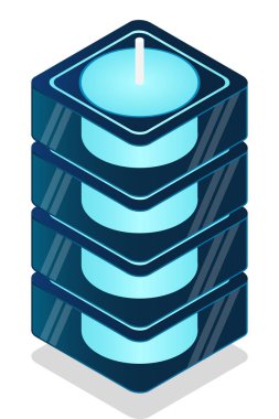 İzometrik fütürist sunucu. İzometrik veritabanı veya veri merkezi. Soyut engelleme zinciri. Bilgisayar deposu. Bulut deposu. Vektör illüstrasyonu