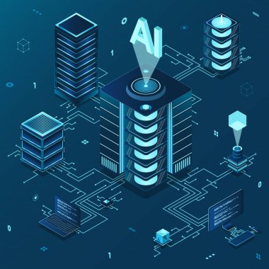 İzometrik yapay zeka teknolojisi. İzometrik bulut hesaplama konsepti. Yapay zeka sinir ağı geleceğin teknolojisi. Sunucu bilgisayarları