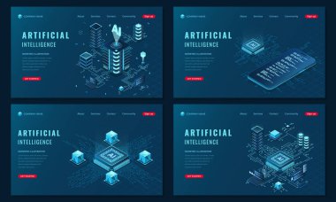 İzometrik iniş sayfası şablonu. Yapay zeka için modern teknoloji konsepti. Bulut bilgisayar sunucusu. Makine öğrenme teknolojisi