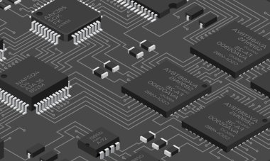 İzometrik elektronik pano. Elektronik bileşenli Isometric baskı devre kartı. Elektronik bileşenler ve entegre devre kartı