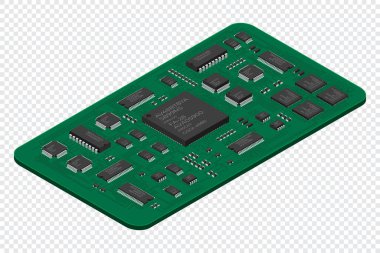 İzometrik elektronik pano. Elektronik bileşenli Isometric baskı devre kartı. Elektronik bileşenler ve entegre devre kartı