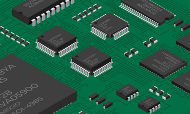 İzometrik elektronik pano. Elektronik bileşenli Isometric baskı devre kartı. Elektronik bileşenler ve entegre devre kartı