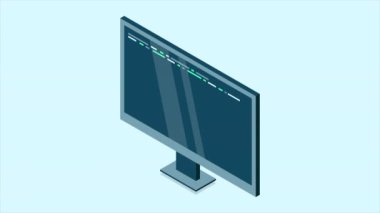 İzometrik monitör animasyonu. Bilgisayar monitörü izometrik masaüstü. Modern monitör. 4K video eşölçülü olarak canlandırıldı