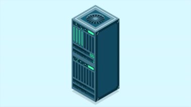 Isometric sunucu animasyonu. Ağ sunucu odası. Üç boyutlu bilgisayar ekipmanı. Depo veritabanı. Isometric teknolojisi. 4K video eşölçülü olarak canlandırıldı