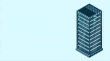 Isometric sunucu animasyonu. Ağ sunucu odası. Üç boyutlu bilgisayar ekipmanı. Depo veritabanı. Isometric teknolojisi. 4K video eşölçülü olarak canlandırıldı