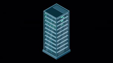 Isometric sunucu animasyonu. Ağ sunucu odası. Üç boyutlu bilgisayar ekipmanı. Depo veritabanı. Isometric teknolojisi. Alfa kanalı ile şeffaf arkaplan