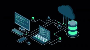 Bulut teknolojisi animasyon hesaplama. Modern bulut teknolojisi. Veri merkezi izometrik konsepti. Veri tabanına sahip Isometric bulut teknolojisi. Web sunucu konsepti. Alfa kanalı ile şeffaf arkaplan
