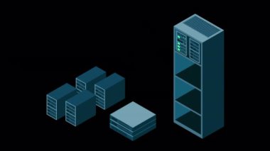 Isometric sunucu animasyonu. Ağ sunucu odası. Üç boyutlu bilgisayar ekipmanı. Depo veritabanı. Isometric teknolojisi. Alfa kanalı ile şeffaf arkaplan