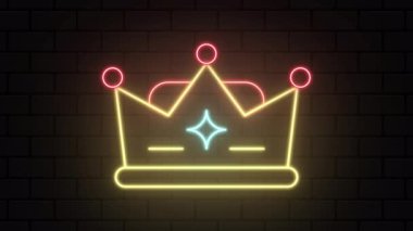 Parlayan neon ışıklı taç animasyonu. Renkli moda tabelası. Kraliyet sembolü moda tasarım unsuru. Parlayan neon. Hareket grafiği. 4K kusursuz döngü canlandırması