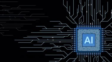 Yapay zeka mikro çip animasyonu. Kuantum hesaplaması. Dijital teknoloji yapay zeka tasarımı. Soyut fütürist hitech tarzı. Hareket grafiği. Alfa kanalı ile şeffaf arkaplan