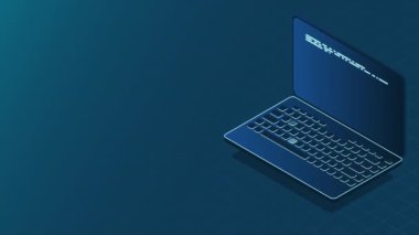 İzometrik dizüstü bilgisayar animasyonu. 3D izometrik dizüstü bilgisayar. Bir dizüstü ekranda soyut programlama dili ve program kodu. 4K video eşölçülü olarak canlandırıldı
