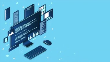 Isometric bilgisayar teknolojisi animasyonu. Masaüstü bilgisayar platformları. Yazılım programlama kodlama kavramı. Bilgisayar monitörüyle kod. 4K video eşölçülü olarak canlandırıldı