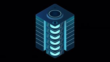 Isometric fütürist sunucu animasyonu. İzometrik veritabanı veya veri merkezi. Soyut engelleme zinciri. Bilgisayar deposu. Bulut deposu. Alfa kanalı ile şeffaf arkaplan