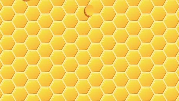 Анимация с расплавленным медом. Желтый узор с сотами и медовыми капельницами. Фон десерта с расплавленным медом. Капает мёд. Графика движения. 4K-анимация