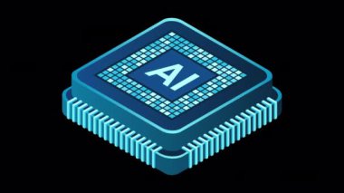 İzometrik yapay zeka çipi animasyonu. Yapay zeka konsepti. Fütürist mikroçip işlemcisi. Hareket grafiği. Alfa kanalı ile şeffaf arkaplan