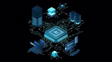 İzometrik yapay zeka çipi animasyonu. Yapay Zeka sunucusu. Fütürist mikroçip işlemcisi. İzometrik bulut hesaplaması. Alfa kanalı ile şeffaf arkaplan