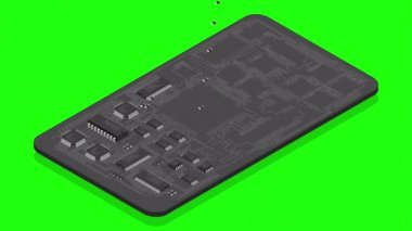 İzometrik elektronik tahta animasyonu. Elektronik bileşenli Isometric baskı devre kartı. Elektronik bileşenler ve entegre devre kartı. 4K video eşölçülü olarak canlandırıldı