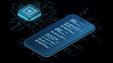 Yapay zeka animasyonlu bir akıllı telefon. Yapay zeka ve akıllı telefon konsepti. Fütürist yapay zeka işlemcili akıllı telefon. Alfa kanalı ile şeffaf arkaplan