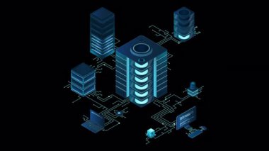 Isometric yapay zeka teknolojisi animasyonu. İzometrik bulut hesaplama konsepti. Yapay zeka sinir ağı geleceğin teknolojisi. Sunucu bilgisayarları. Alfa kanalı ile şeffaf arkaplan