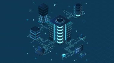 Isometric yapay zeka teknolojisi animasyonu. İzometrik bulut hesaplama konsepti. Yapay zeka sinir ağı geleceğin teknolojisi. Sunucu bilgisayarları. 4K video eşölçülü olarak canlandırıldı