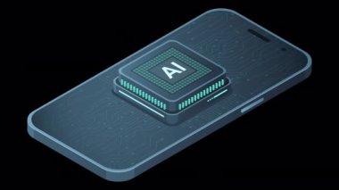 Yapay zeka animasyonlu bir akıllı telefon. Yapay zeka ve akıllı telefon konsepti. Fütürist yapay zeka işlemcili akıllı telefon. Alfa kanalı ile şeffaf arkaplan