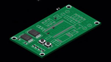 İzometrik elektronik tahta animasyonu. Elektronik bileşenli Isometric baskı devre kartı. Elektronik bileşenler ve entegre devre kartı. Alfa kanalı ile şeffaf arkaplan