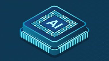 İzometrik yapay zeka çipi animasyonu. Yapay zeka konsepti. Fütürist mikroçip işlemcisi. Hareket grafiği. 4K video eşölçülü olarak canlandırıldı