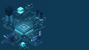 İzometrik yapay zeka çipi animasyonu. Yapay Zeka sunucusu. Fütürist mikroçip işlemcisi. İzometrik bulut hesaplaması. 4K video eşölçülü olarak canlandırıldı