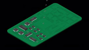 İzometrik elektronik tahta animasyonu. Elektronik bileşenli Isometric baskı devre kartı. Elektronik bileşenler ve entegre devre kartı. Alfa kanalı ile şeffaf arkaplan