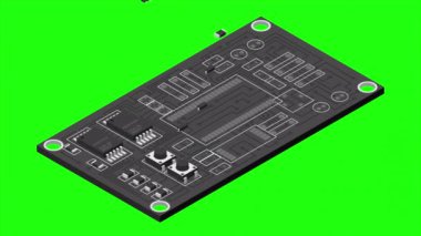 İzometrik elektronik tahta animasyonu. Elektronik bileşenli Isometric baskı devre kartı. Elektronik bileşenler ve entegre devre kartı. 4K video eşölçülü olarak canlandırıldı