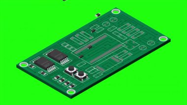 İzometrik elektronik tahta animasyonu. Elektronik bileşenli Isometric baskı devre kartı. Elektronik bileşenler ve entegre devre kartı. 4K video eşölçülü olarak canlandırıldı