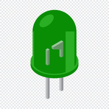 Yeşil izometrik simge. LED yarı iletken kompozisyonu. Işık yayan diyot. İzometrik tarzda elektronik bileşen simgesi